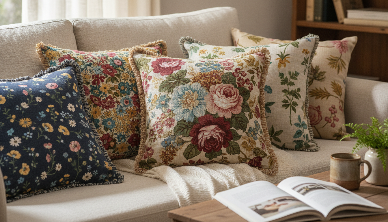 Cottage-Style Floral Cotton-Linen Throw Pillow Cover