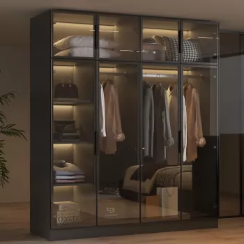 59.1" Glass Door Wardrobe Armoire w/ LED Closet Lighting